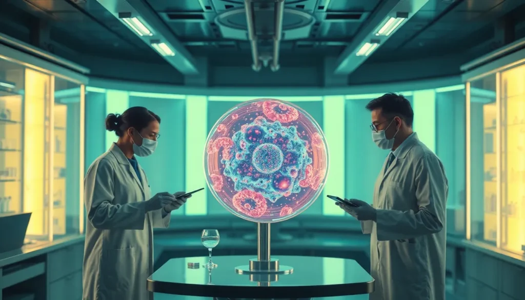 a-futuristic-laboratory-setting-with-scientists-examining-a-glowing-mirrored-cell-structure_6a94da56 mirror life risks : Mirror life risks: Exploring the Dangers of Synthetic Biology : Understand the mirror life risks in synthetic biology. Learn about the potential dangers and how scientists are working to mitigate them.