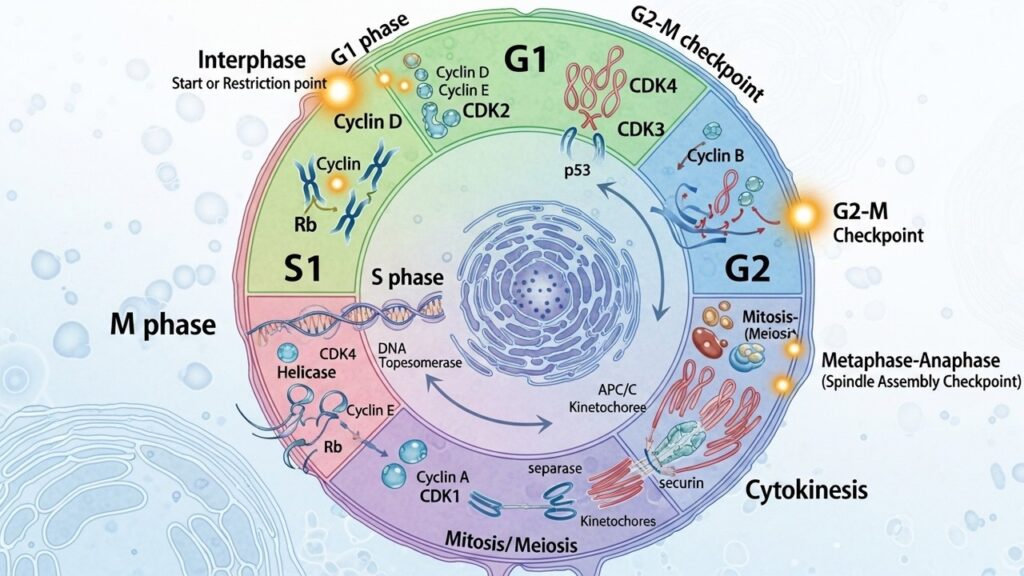 artistic-illustration-cell-cycle-checkpo-6b63c1e4_cmpr cell cycle regulation : 5 advanced insights into cell cycle regulation and checkpoints : Explore how cells regulate division and prevent uncontrolled growth.