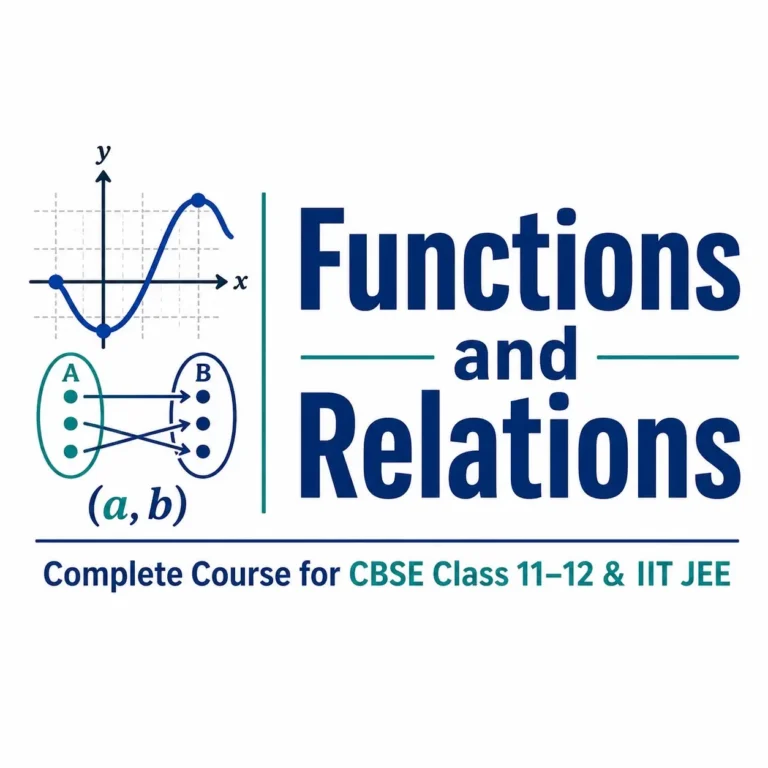 Course logo for “Functions and Relations: Complete Course for CBSE Class 11–12 & IIT JEE,” showing a function graph, mapping diagram, ordered pair notation, and bold blue-teal academic typography.