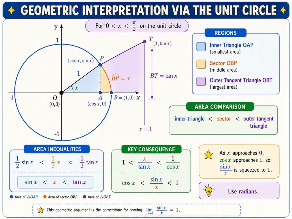 Colorful educational diagram showing the geometric interpretation of a trigonometric limit on the unit circle. The figure includes a circle with an angle in the first quadrant, an inner triangle, a sector, and an outer tangent triangle, with labels comparing their areas. Additional boxes summarize the area comparison, the resulting inequality chain, and the key conclusion that this geometric setup helps prove the standard trigonometric limit.