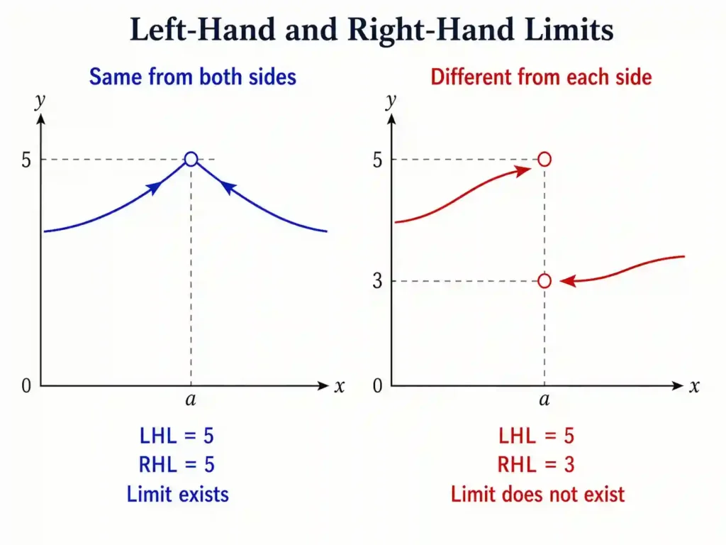 Educational diagram comparing left-hand and right-hand limits with two side-by-side graphs. The left graph shows both sides approaching the same value, so the limit exists. The right graph shows the left-hand limit approaching 5 and the right-hand limit approaching 3, so the limit does not exist.
