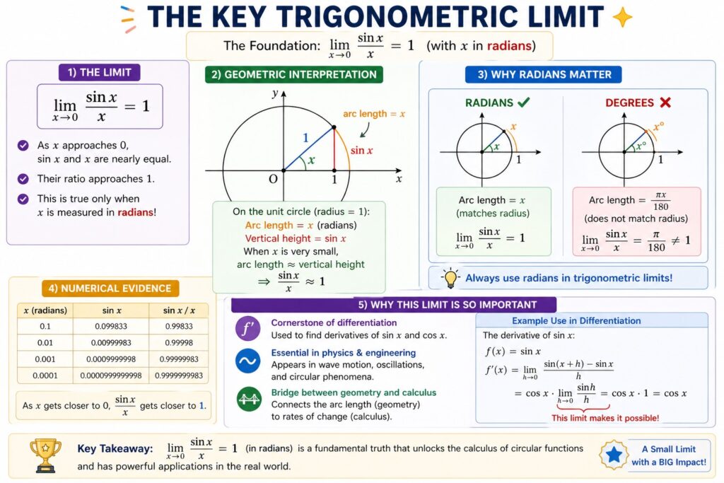 Colorful educational infographic about the key trigonometric limit. The figure explains that the ratio of sine of x to x approaches one as x gets close to zero, using a unit circle diagram, a comparison between radians and degrees, a small numerical table, and summary boxes showing why this result is important in calculus, physics, and differentiation.
