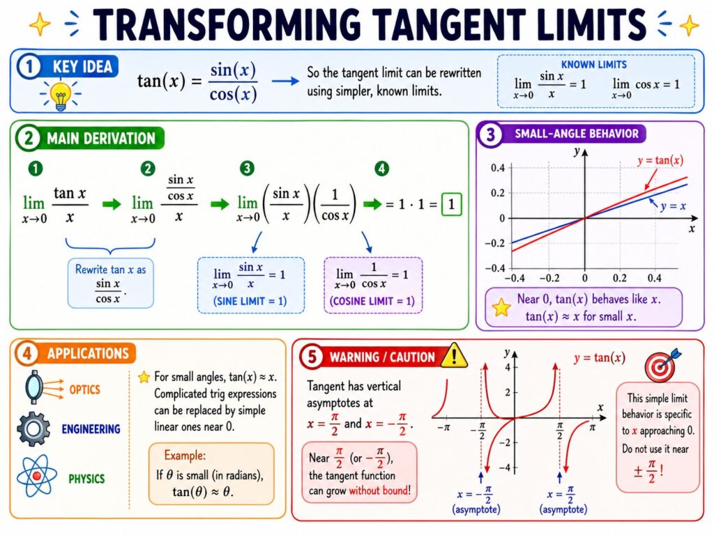Colorful educational infographic about tangent limits, showing how the limit of tan(x) divided by x is evaluated by rewriting tangent as sine over cosine. The diagram includes a step-by-step derivation using the known sine and cosine limits, a small graph comparing y equals tan(x) and y equals x near zero, an applications panel for optics, engineering, and physics, and a warning panel showing the vertical asymptotes of tangent at plus and minus pi over two.
