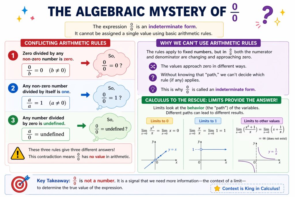Colorful educational infographic about zero over zero, showing three conflicting arithmetic rules: zero divided by a non-zero number equals zero, a non-zero number divided by itself equals one, and division by zero is undefined. A second section explains why these rules cannot decide the value of zero over zero, and a final section shows small limit examples where expressions approaching zero over zero can lead to different outcomes such as zero, one, or other behaviors depending on the surrounding function.
