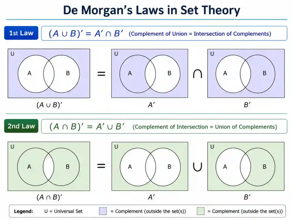 Set Operations Topics include De Morgan's Laws, which are visually explained with Venn diagrams showing the two laws: (A ∪ B)' = A' ∩ B' and (A ∩ B)' = A' ∪ B' using shaded areas to represent complements within a universal set U. The first law uses purple shading, and the second uses green.