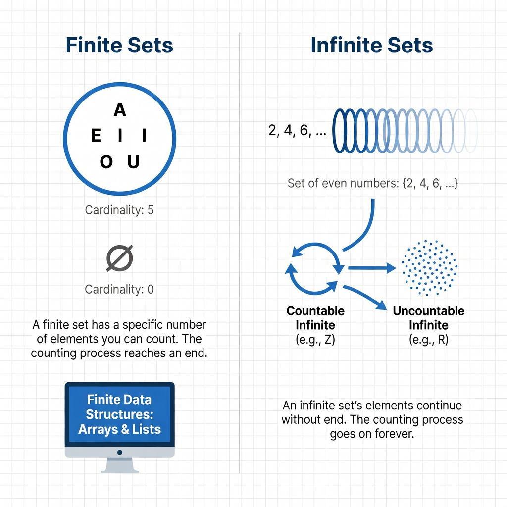 This diagram illustrates different types of sets in mathematics, comparing finite sets, which have a countable number of elements like the set of vowels or an empty set, with infinite sets, which have an endless number of elements like even numbers, including countable and uncountable infinite sets.