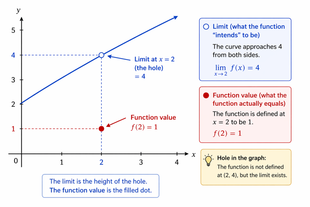 Graph of a line with an open circle at x equals 2 and y equals 4 showing a hole, and a filled red dot at x equals 2 and y equals 1 showing the actual function value. Dashed guide lines and side notes explain that the limit is the height of the hole while the function value is the filled point.