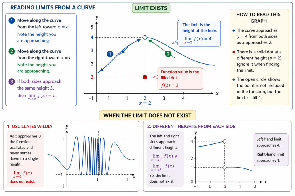 Educational limit diagram with a main graph showing a curve approaching the same height from the left and right at x equals 2, marked by an open circle at y equals 4. A separate filled dot at x equals 2 and y equals 2 shows a different function value. Two additional smaller graphs below illustrate cases where a limit does not exist, one with rapid oscillation near a point and another with left and right sides approaching different heights.
