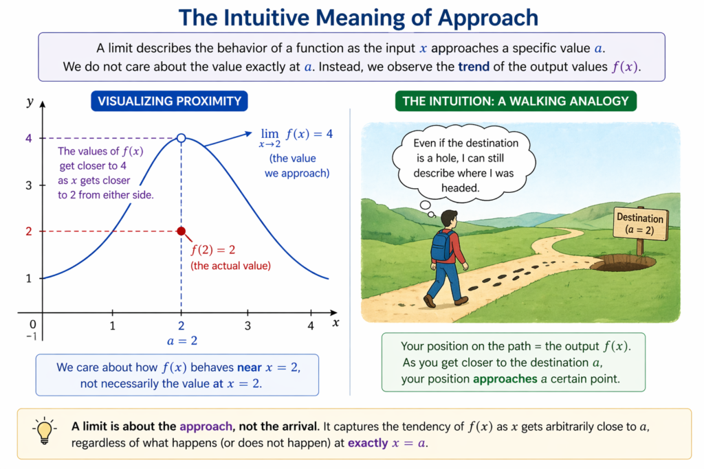 Educational diagram about limits showing a curve on a coordinate plane approaching an open circle at x equals 2 and y equals 4, while a filled red dot at x equals 2 and y equals 2 marks the actual function value. Beside the graph, a walking analogy shows a person moving along a path toward a destination sign near a hole, illustrating that a limit describes where you are headed even if you do not arrive at the point.
