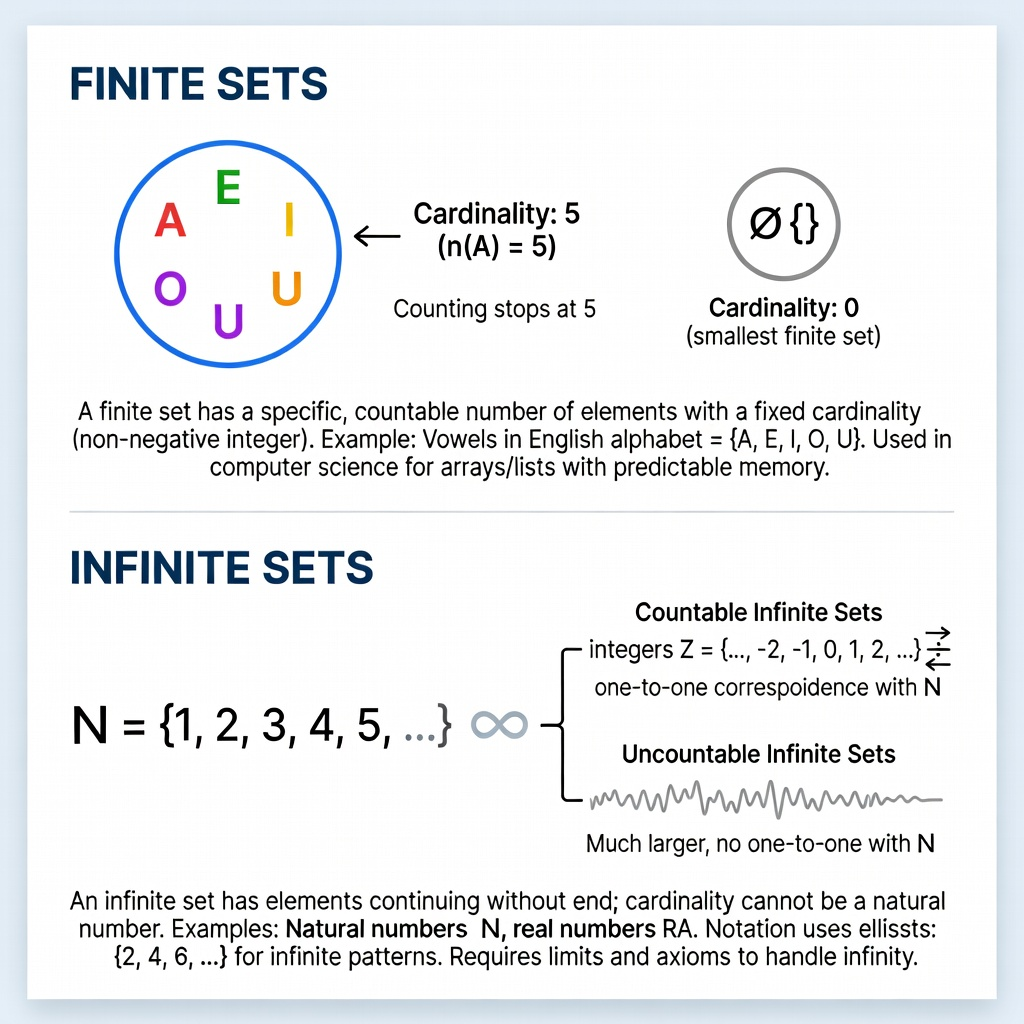 The image displays the fundamental types of sets in mathematics, illustrating finite sets with examples like vowels (cardinality 5) and the empty set (cardinality 0), and infinite sets, including countable (natural numbers, integers) and uncountable (real numbers) categories, along with their definitions.