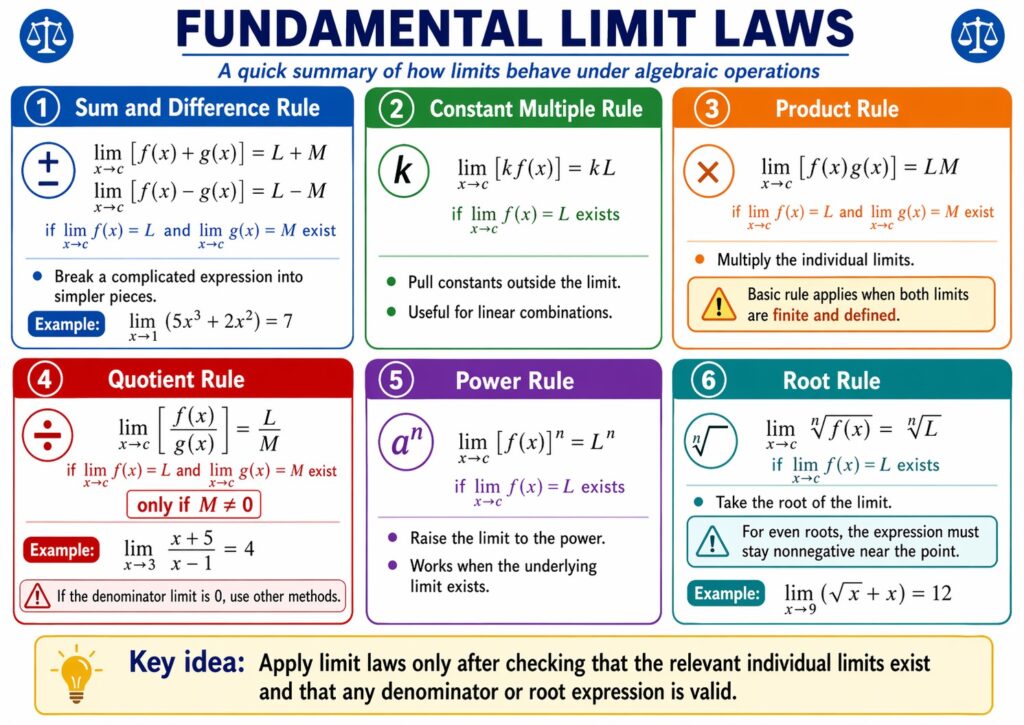 Colorful summary diagram of fundamental limit laws arranged in six labeled sections: sum and difference rule, constant multiple rule, product rule, quotient rule, power rule, and root rule. Each section shows the corresponding formula, a short condition for when the rule works, and brief notes or examples, with a highlighted key idea at the bottom reminding students to check that individual limits exist and that denominators or root expressions are valid.