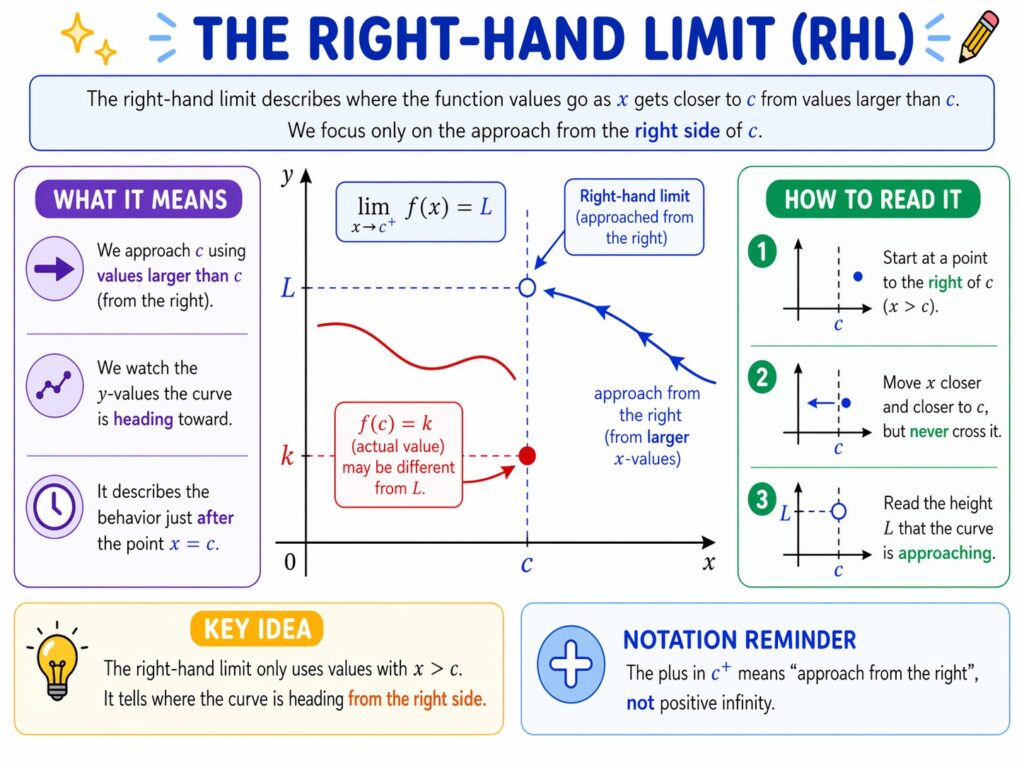Colorful educational diagram about the right-hand limit, showing a curve approached from the right side toward an open circle at x equals c and y equals L. A filled red dot at x equals c and y equals k marks the actual function value, while side panels explain that the right-hand limit uses values greater than c and reads the height the graph approaches from the right.