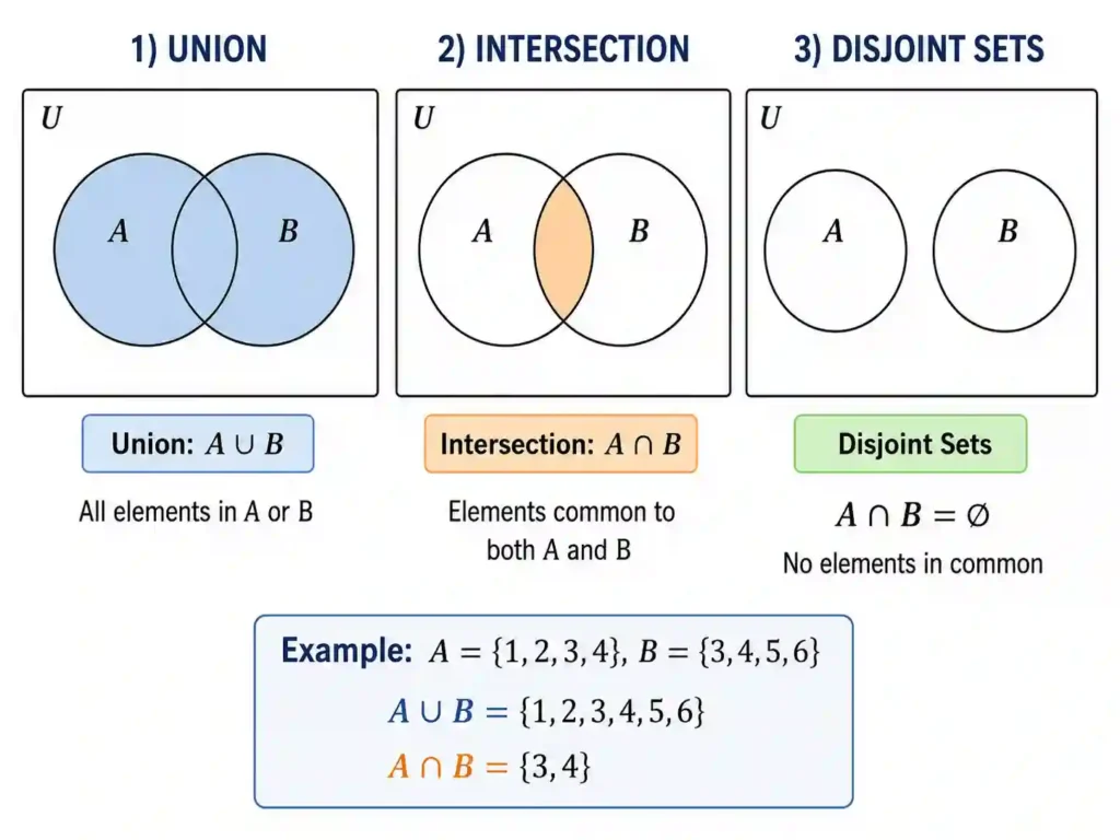This image illustrates key Venn Diagrams and Set Laws concepts by showing three diagrams: the union (entire area shaded), the intersection (overlapping region shaded), and disjoint sets (separate circles). An example below demonstrates the union and intersection of sets A={1,2,3,4} and B={3,4,5,6}.