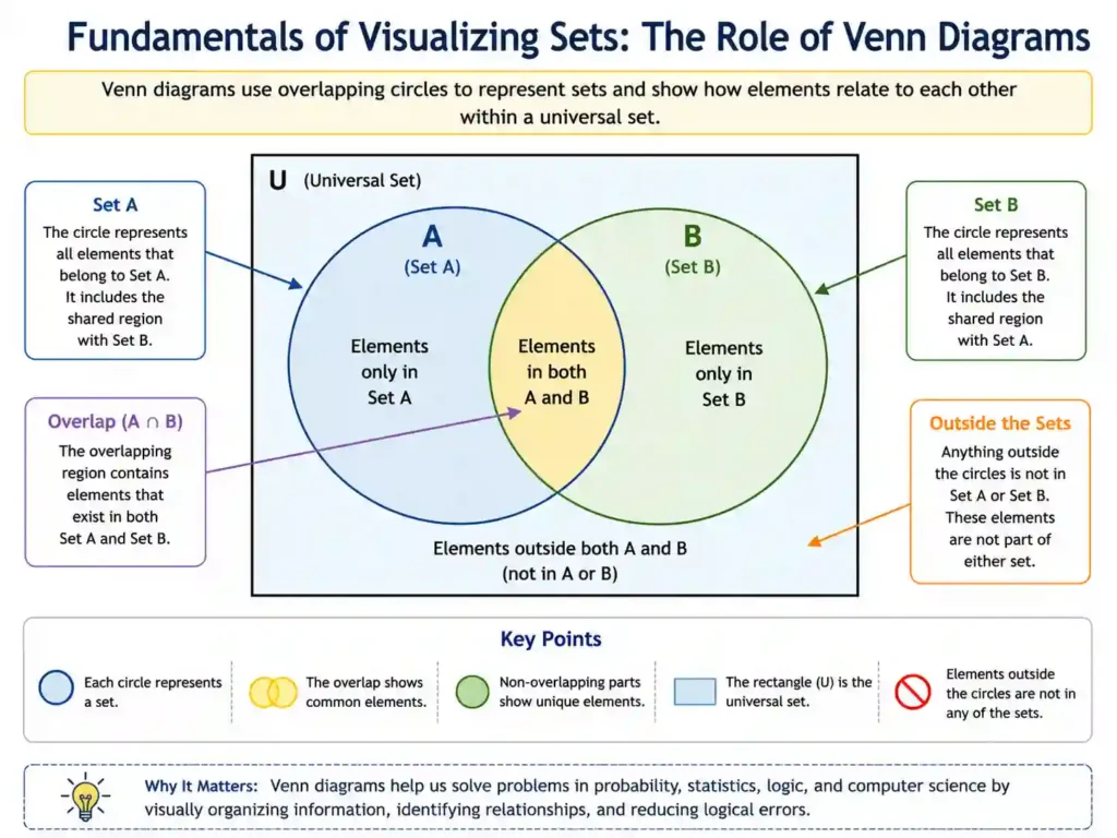 Venn Diagrams and Set Laws are illustrated in this educational diagram showing two overlapping circles (Set A and Set B) within a universal set (U), defining regions for elements unique to each set, common elements in the overlap (A ∩ B), and elements outside both sets, along with clear labels and key points explaining their relationships and significance.