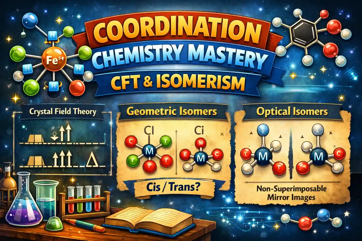 Interactive quiz about Coordination Compounds: Master Crystal Field Theory and isomerism in octahedral and tetrahedral complexes. (Moderate)