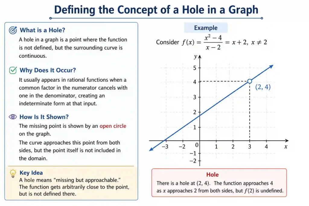 Educational graph showing a straight line with an open circle at the missing point to represent a hole in the graph. The diagram explains that the curve approaches the point from both sides, but the point itself is not included in the function domain.