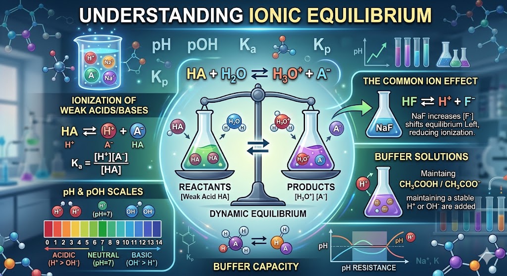 Learn about ionic equilibrium in aqueous solutions. This guide covers weak electrolytes, Ostwald’s dilution law, buffer solutions, and solubility products for chemistry students.