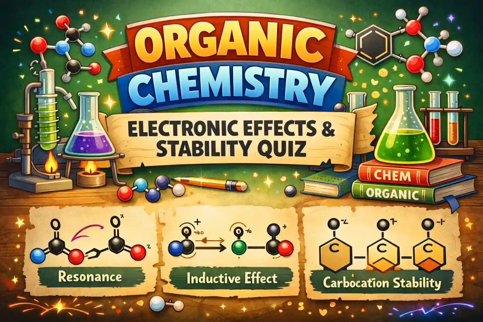 Interactive quiz about General Organic Chemistry: Understand electronic effects like resonance and hyperconjugation to determine acidity and stability. (Moderate)