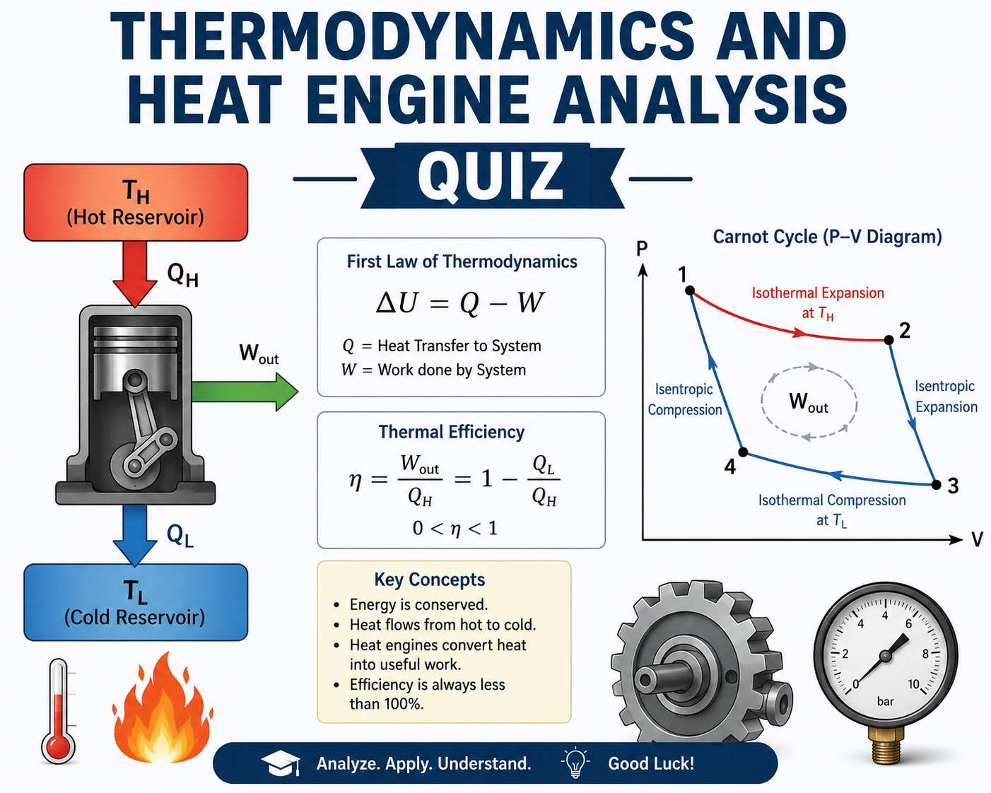 Interactive quiz about Thermodynamics: Analyze $P-V$ diagrams and the efficiency of heat engines using the First and Second Laws. (Moderate)