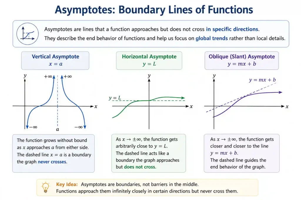 Educational infographic showing three types of asymptotes on coordinate planes. The figure includes a vertical asymptote with a curve rising near a dashed vertical line, a horizontal asymptote with a curve approaching a dashed horizontal line, and an oblique asymptote with a curve approaching a slanted dashed line