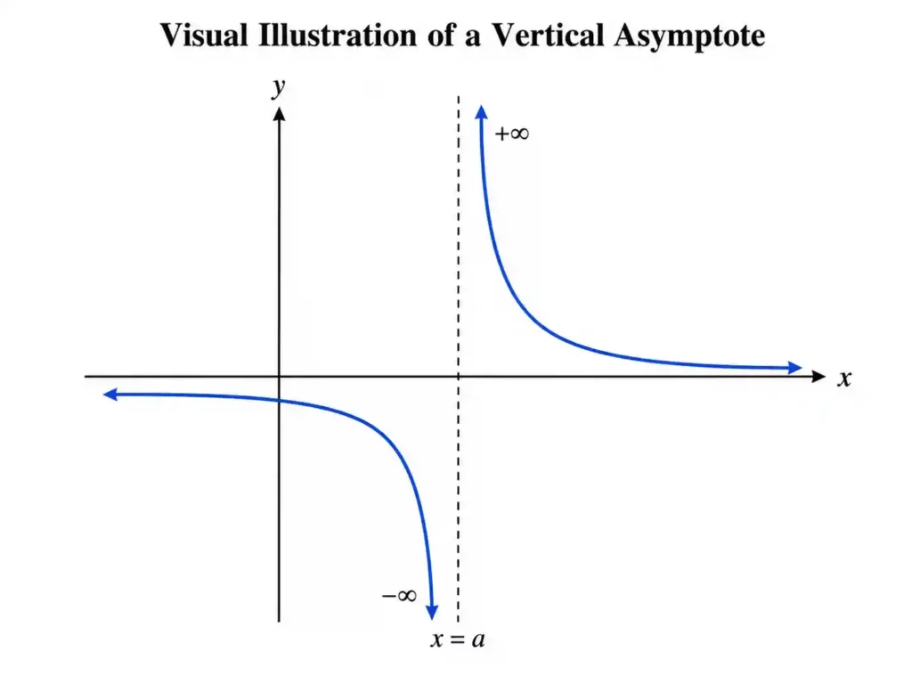 Coordinate plane showing a graph with a vertical asymptote. A dashed vertical line marks the boundary, and two blue curve branches approach it from opposite sides, with one branch rising sharply upward and the other dropping sharply downward.
