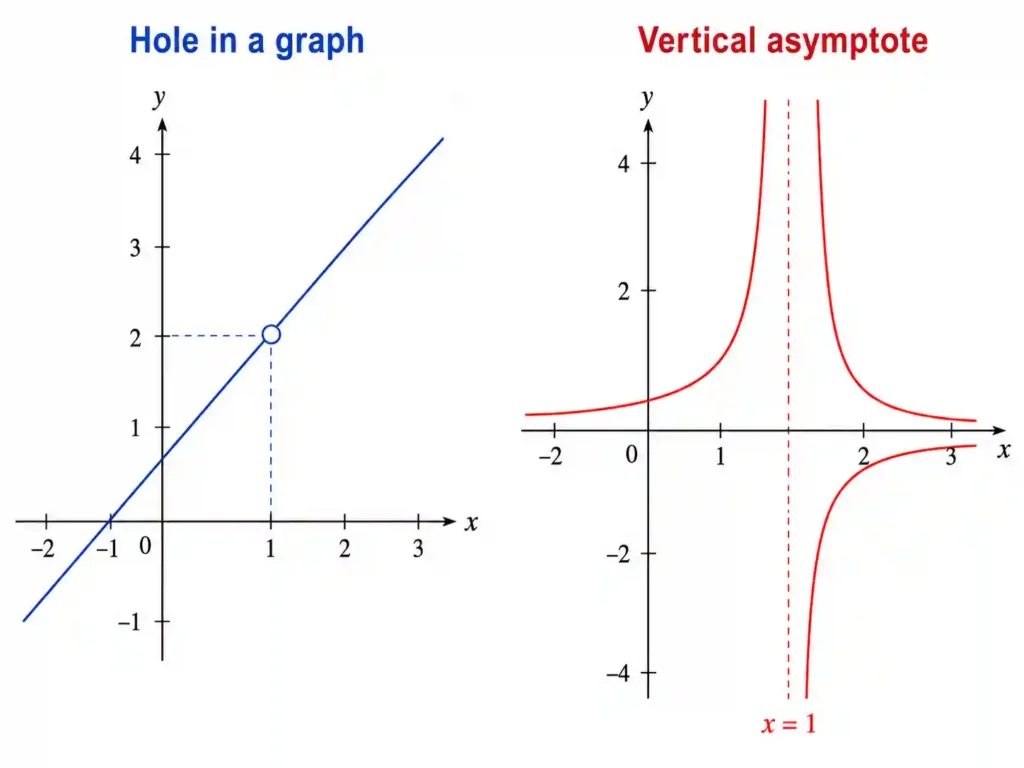 Side-by-side coordinate plane diagrams comparing a hole in a graph and a vertical asymptote. The left graph shows a smooth blue line with an open circle at a missing point, while the right graph shows a red curve approaching a dashed vertical boundary line.