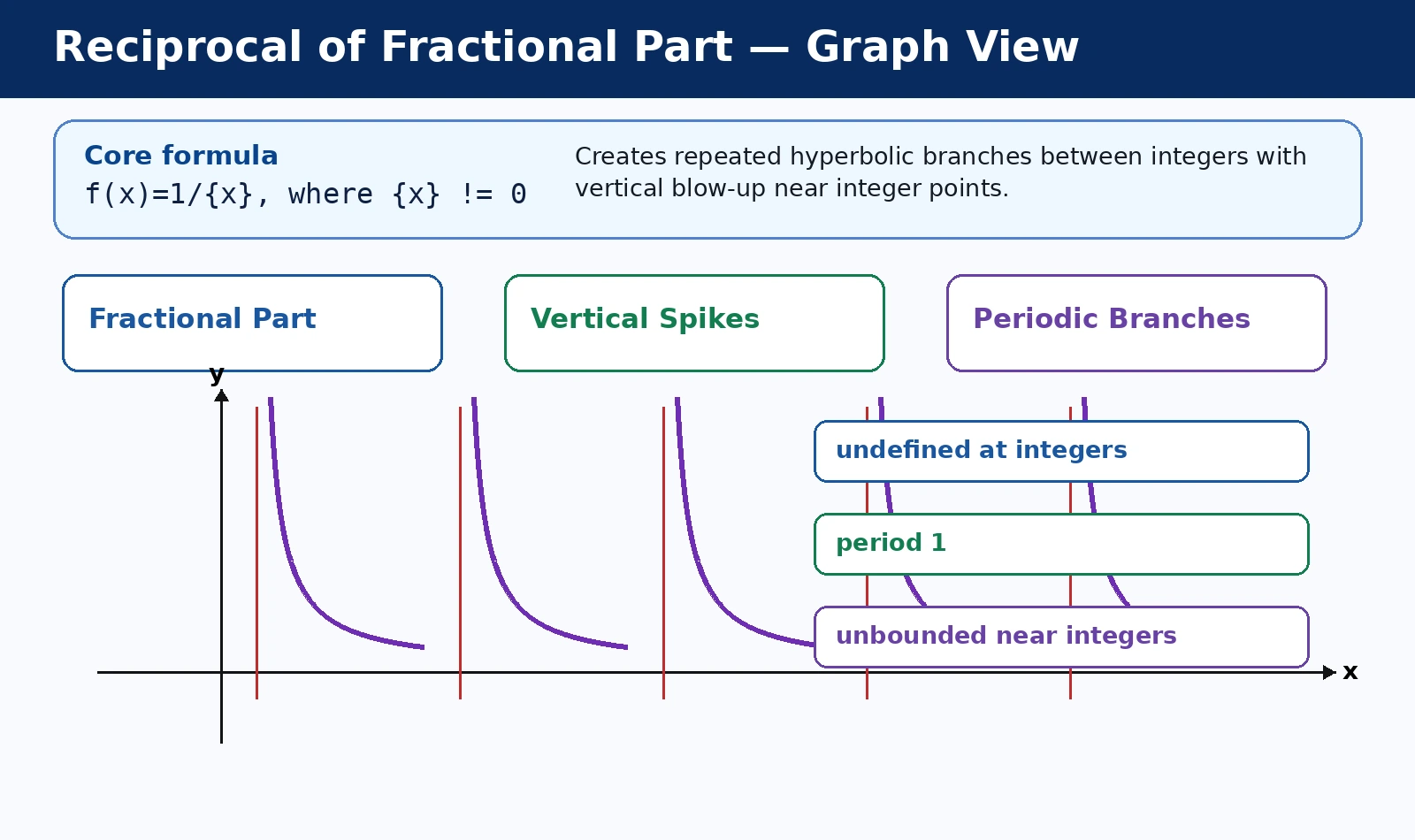 Reciprocal of Fractional Part: Periodic Spikes and Asymptotes graph and behavior diagram