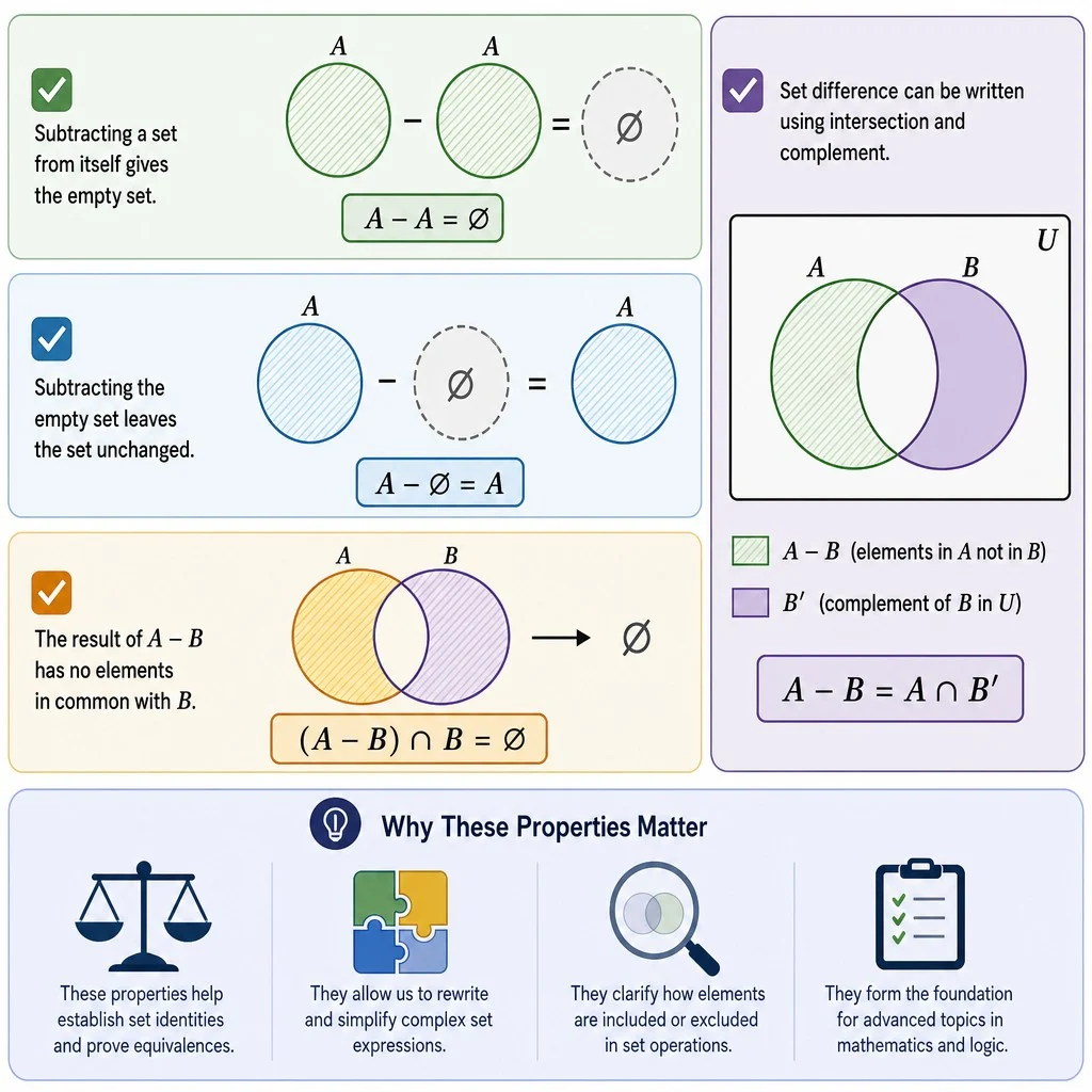 Set Operations Topics are visually explained through an infographic showcasing the key properties of set difference. The image displays four mathematical properties using Venn diagrams: A - A = Ø, A - Ø = A, (A - B) ∩ B = Ø, and A - B = A ∩ B' which illustrates set difference using intersection and complement. A final section, 'Why These Properties Matter,' emphasizes their role in establishing set identities, simplifying complex expressions, clarifying element inclusion, and forming the foundation for advanced mathematics and logic.