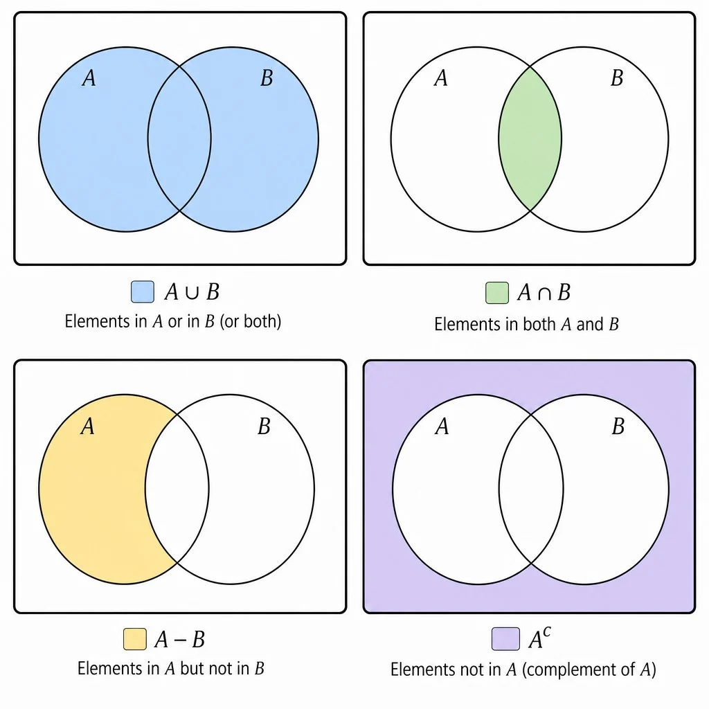 Set Operations Topics are visually explained using four Venn diagrams. The diagrams illustrate: Union (A ∪ B) with both circles A and B shaded blue; Intersection (A ∩ B) with the overlapping region shaded green; Set Difference (A - B) with only the part of circle A not overlapping with B shaded yellow; and Complement (Aᶜ) with the area outside circle A within the universal set shaded purple. Each diagram clearly shows which elements are included for its respective operation.
