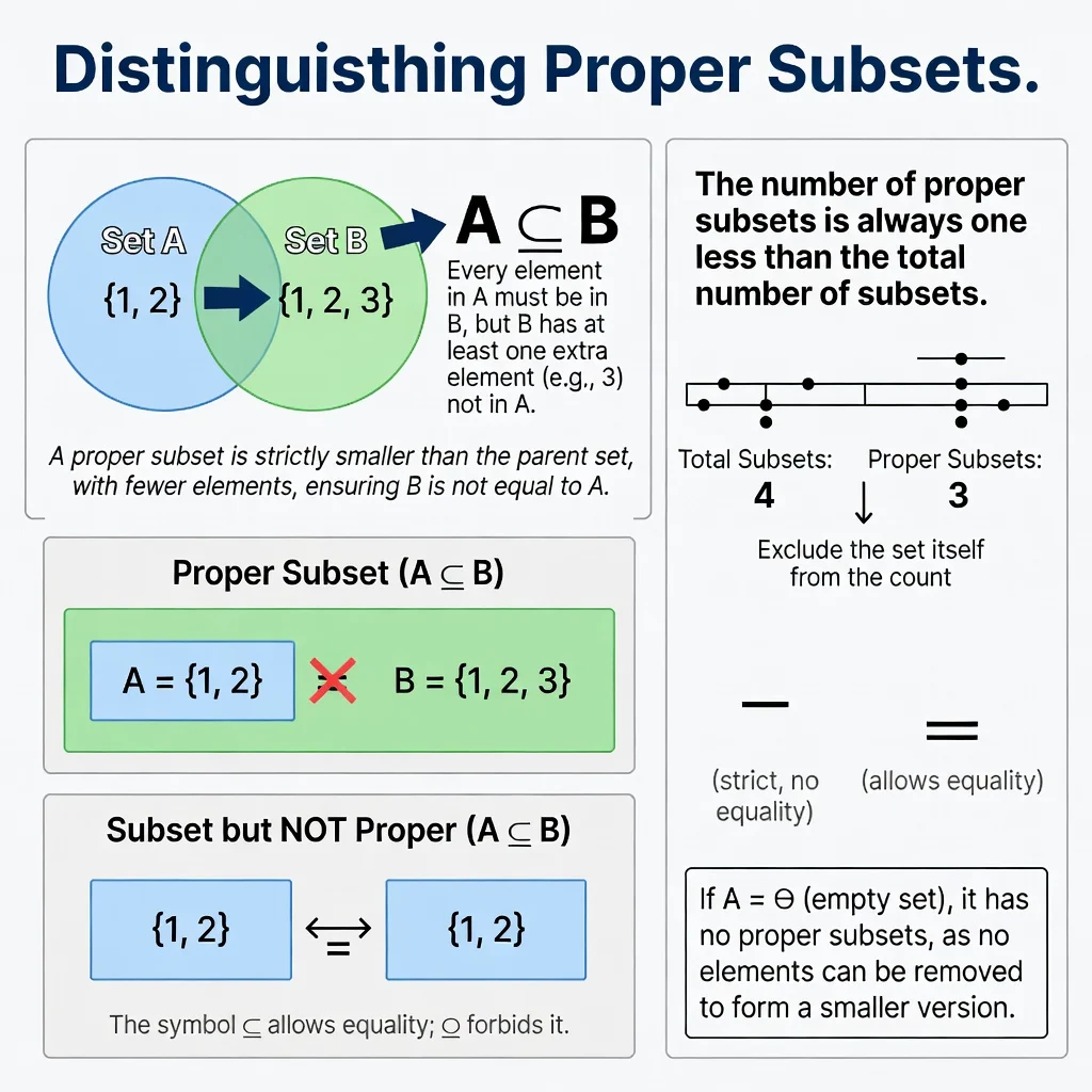 subsets and power sets visual explanation showing A proper subset is a more restrictive version of a standard subset. While a regular subset can be equal to the parent set, a proper subset must contain fewer elements. This distinction is vital for understanding set sizes. We use the notation ##A \subset B## to represent a proper subset. The absence of the horizontal line under the horseshoe indicates that equality is not permitted. This means B must contain at least one element not found in A. Every set has subsets, but not every set has proper subsets. The empty set is the only set that contains no proper subsets. Since it has no elements to remove, you cannot create a smaller version of it. Proper subsets help define the concept of "strictly contained." If ##A \subset B##, we know for certain that A is a smaller collection than B. This property is useful when comparing the cardinality of finite and infinite sets. In many textbooks, the symbol ##\subsetneq## is used to emphasize that the sets are not equal. This notation explicitly excludes the possibility of ##A = B##. Using clear symbols prevents errors in logic when building mathematical proofs or algorithms. Distinguishing Proper Subsets To distinguish a proper subset, we first verify that the inclusion condition is met. Every element in the first set must be in the second. Then, we check if the second set has any extra elements that the first lacks. If set A is ##\{1, 2\}## and set B is ##\{1, 2, 3\}##, then A is a proper subset. However, if B was also ##\{1, 2\}##, then A would be a subset but not a proper subset. The number of proper subsets is always one less than the total number of subsets. This is because we exclude the set itself from the count. The set itself is the only "improper" subset that exists for any given set. Proper subsets are frequently used in the study of topology and analysis. They allow mathematicians to define neighborhoods and open sets with precision. Understanding the "proper" constraint is a prerequisite for higher-level courses in pure mathematics. In computer science, proper subsets are used to define strict hierarchies in data structures. When one category is a proper subset of another, it implies a specialized subtype. This logic mirrors class inheritance in many object-oriented programming languages.