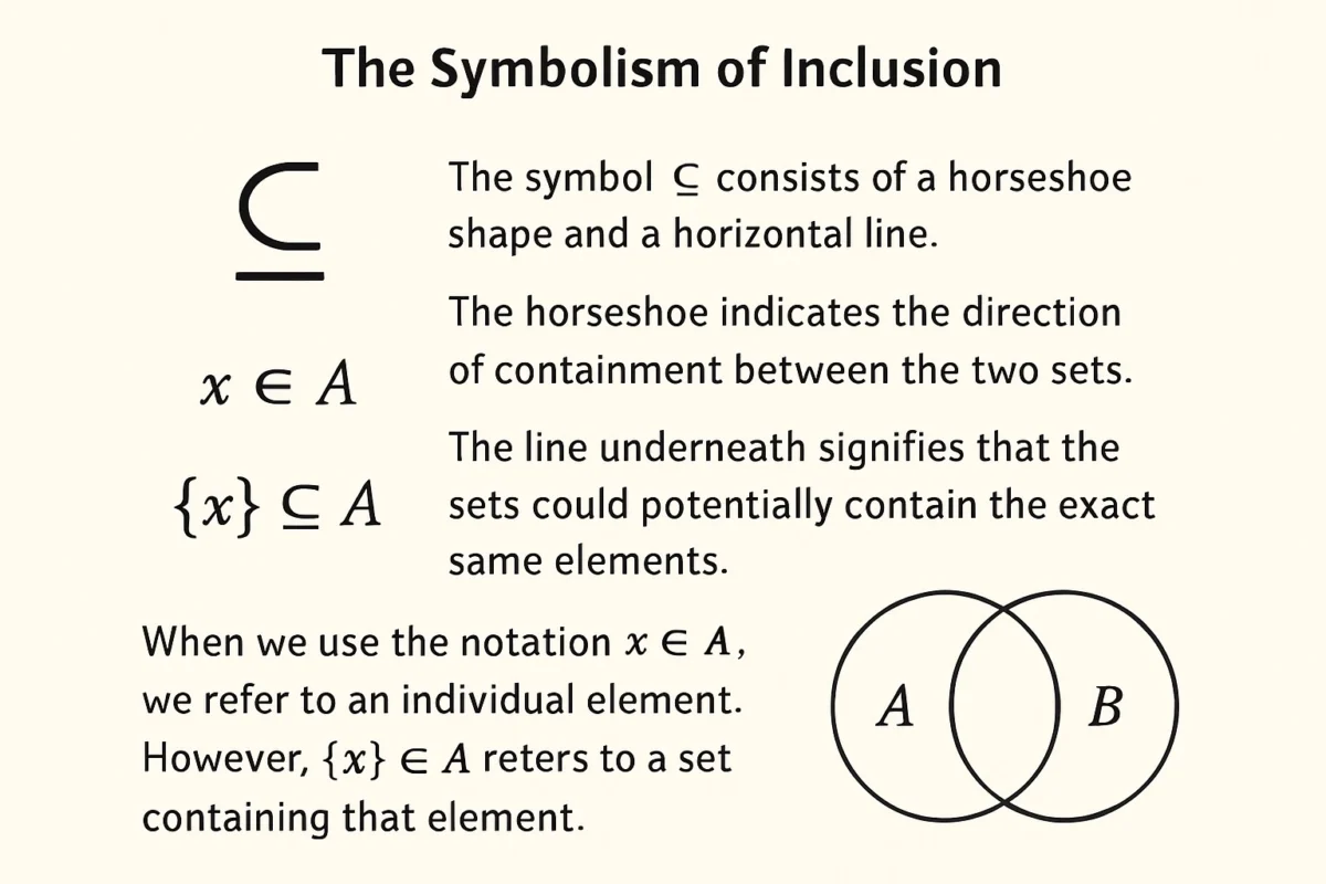subsets and power sets visual explanation showing The Symbolism of Inclusion The symbol ##\subseteq## consists of a horseshoe shape and a horizontal line. The horseshoe indicates the direction of containment between the two sets. The line underneath signifies that the sets could potentially contain the exact same elements. When we use the notation ##x \in A##, we refer to an individual element. However, ##\{x\} \subseteq A## refers to a set containing that element. Distinguishing between membership and inclusion is a critical step for beginners in set theory. Logical statements often define subsets using conditional logic. We say ##A \subseteq B## if and only if for every element ##x##, if ##x \in A##, then ##x \in B##. This formal definition removes ambiguity from set relationships. Venn diagrams provide a visual way to represent these symbolic relationships. A circle representing set A would be drawn entirely inside the circle for set B. This visual aid clarifies how elements are distributed across different mathematical boundaries. Transitivity is another important symbolic property of subset notation. If ##A \subseteq B## and ##B \subseteq C##, it logically follows that ##A \subseteq C##. This chain of inclusion allows us to relate multiple sets through their shared elements.