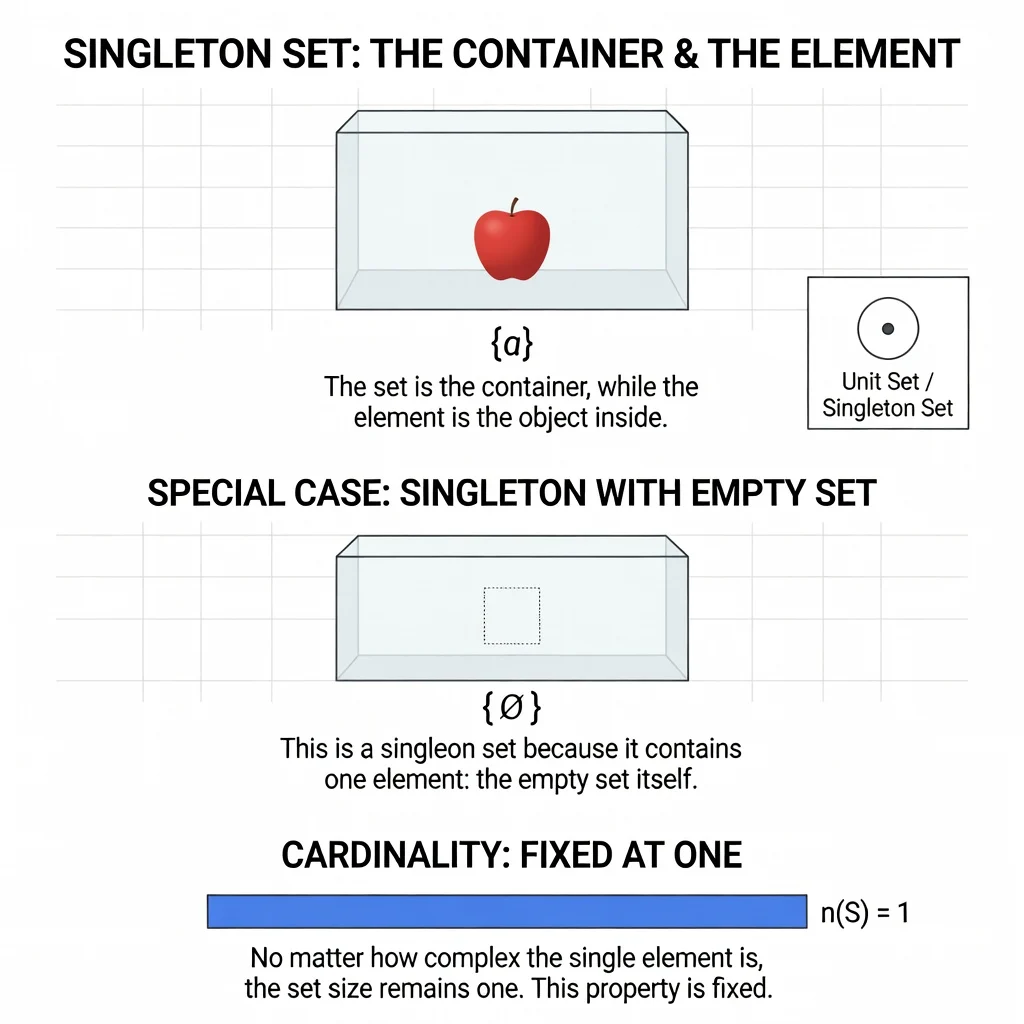 types of sets in mathematics are visually explained by this infographic demonstrating singleton sets. It illustrates the concept of a set as a container holding a single element, such as an apple in a box, and differentiates it from the element itself. The graphic also covers the special case of a singleton set containing the empty set, represented by {∅}, and clarifies that the cardinality of any singleton set is fixed at one, denoted as n(S)=1.