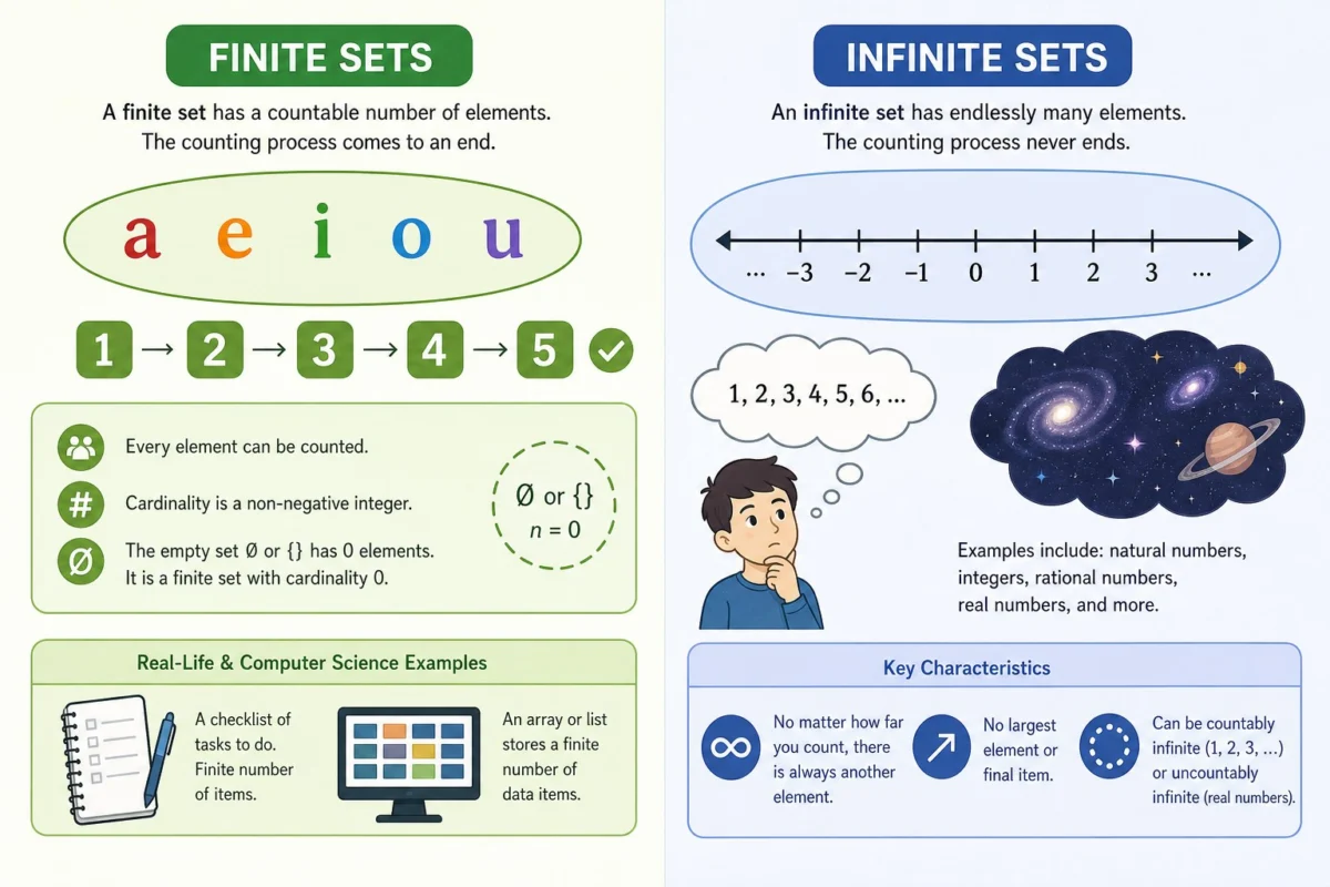 This infographic on types of sets in mathematics visually explains the difference between finite and infinite sets. The finite set section illustrates examples like vowels (a, e, i, o, u) and counting from 1 to 5, detailing characteristics such as countable elements and cardinality, with real-life examples like checklists. The infinite set section displays a number line, natural numbers, and a galaxy to represent unending elements, explaining that these sets have no end and can be countable or uncountable.