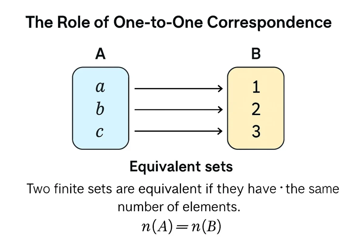 types of sets in mathematics visual explanation showing The Role of One-to-One Correspondence Two finite sets are equivalent if they have the same number of elements. This means their cardinalities are equal. We denote equivalence using the symbol ##\sim## or ##\approx##. If ##n(A) = n(B)##, then set ##A## is equivalent to set ##B##. The actual values of the elements do not need to be the same. Only the count matters. Equivalent sets allow for a one-to-one correspondence between their members. You can pair every element of ##A## with exactly one element of ##B## without any leftovers. For example, ##\{a, b, c\}## and ##\{1, 2, 3\}## are equivalent sets. Both contain three elements. However, they are not equal because their contents are entirely different. This concept is fundamental when comparing the "size" of sets. It is especially useful when dealing with sets that contain different types of mathematical objects.