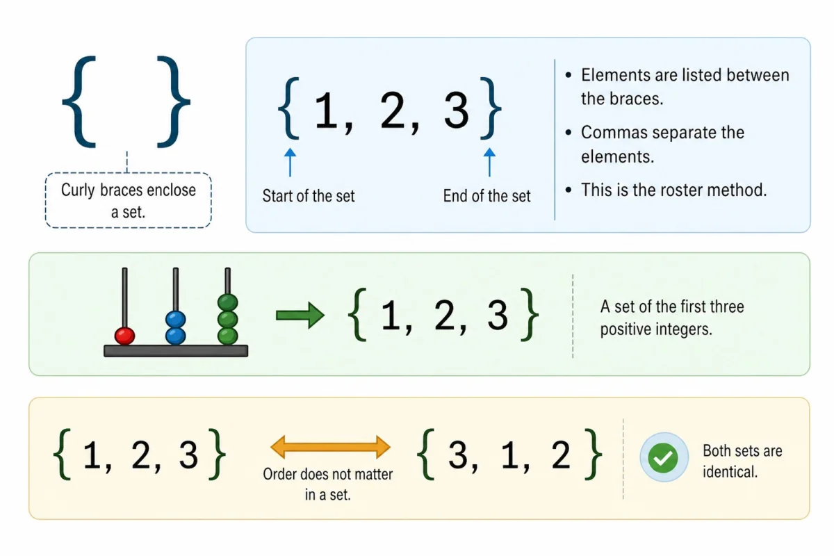 The World of Sets visual explanation showing Brace notation is the most common way to represent a set in formal writing. We enclose the list of elements within curly braces, such as { }. This visual boundary clearly indicates where the set starts and where it ends. The roster method involves listing every single element inside the curly braces. For example, a set of the first three positive integers is written as ##\{1, 2, 3\}##. This method is practical for sets that contain only few elements. Commas separate the elements within the braces to maintain readability and structure. The order of the elements does not matter in a mathematical set. Thus, ##\{1, 2, 3\}## is identical to ##\{3, 1, 2\}## in mathematical logic.