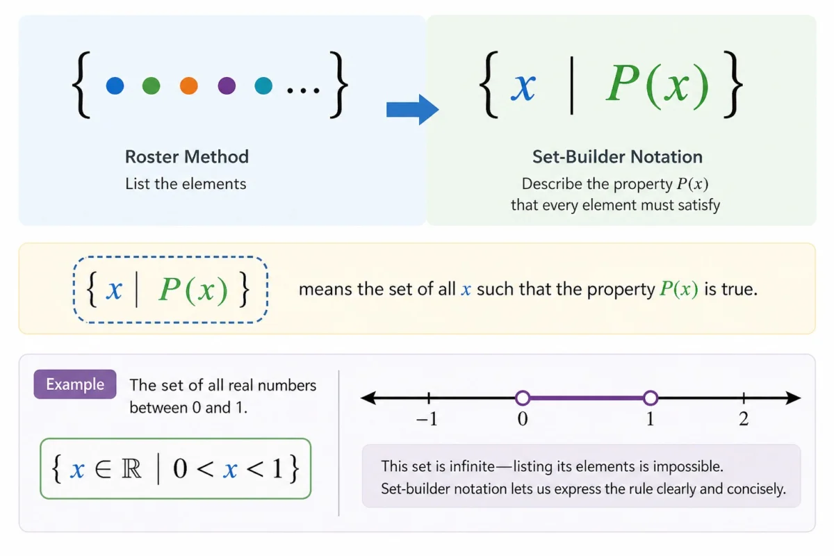 The World of Sets visual explanation showing Describing Sets with Set-Builder Notation Set-builder notation describes a set by the specific properties of its members. Instead of listing elements, we state a rule that every element must satisfy. This is highly useful for infinite sets or very large collections of data. The general form uses a variable and a vertical bar or colon. For example, ##\{x \mid P(x)\}## means the set of all ##x## such that the property ##P(x)## is true. This provides a compact way to define complex sets. This notation is extremely efficient for defining intervals on a number line. We can define a set of all real numbers between zero and one easily. Listing these elements is impossible, but the rule is simple to write.