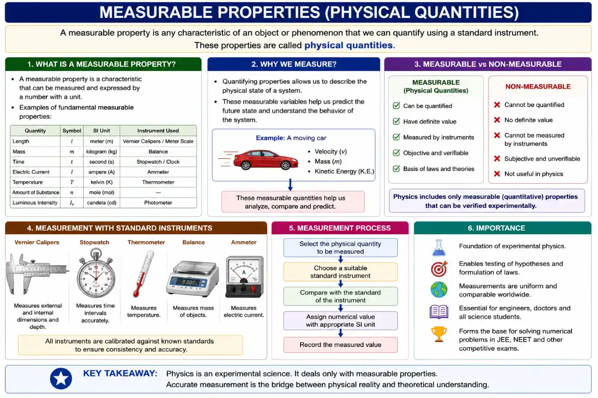 Physics Measurement is clearly presented in this infographic, which covers what measurable properties are, why measurement is essential, distinguishes between measurable and non-measurable concepts, illustrates standard instruments like vernier calipers and stopwatches, outlines the scientific measurement process, and highlights its importance for scientific progress and competitive exams.