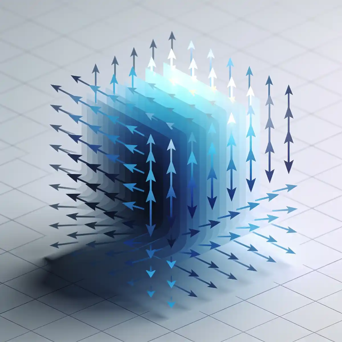 An abstract 3D visualization showing nested translucent blue squares stacked in perspective, with arrows pointing in all directions originating from the layers.
