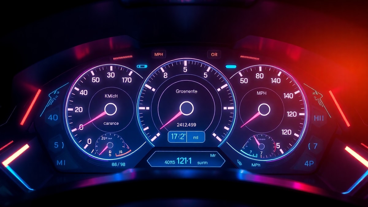 Advanced-Speed-Conversion-and-Unit-Analysis-Techniques-1 A glowing, futuristic digital car dashboard illuminated in neon pink and blue, featuring stylized circular gauges and digital readouts.