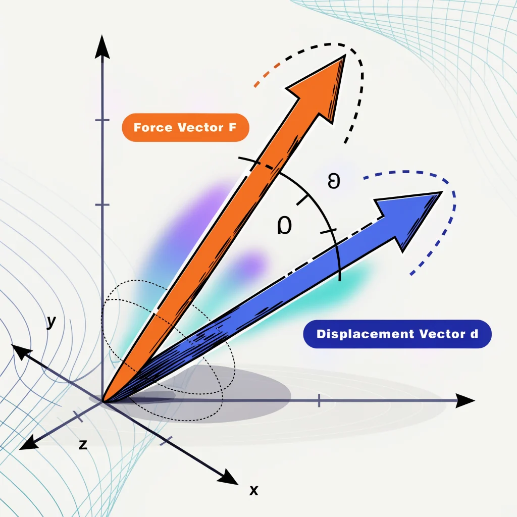 Cauchy-Schwarz inequality work done visual explanation showing A 3D coordinate system grid showing an orange Force Vector F and a blue Displacement Vector d, with an angle marked between them.
