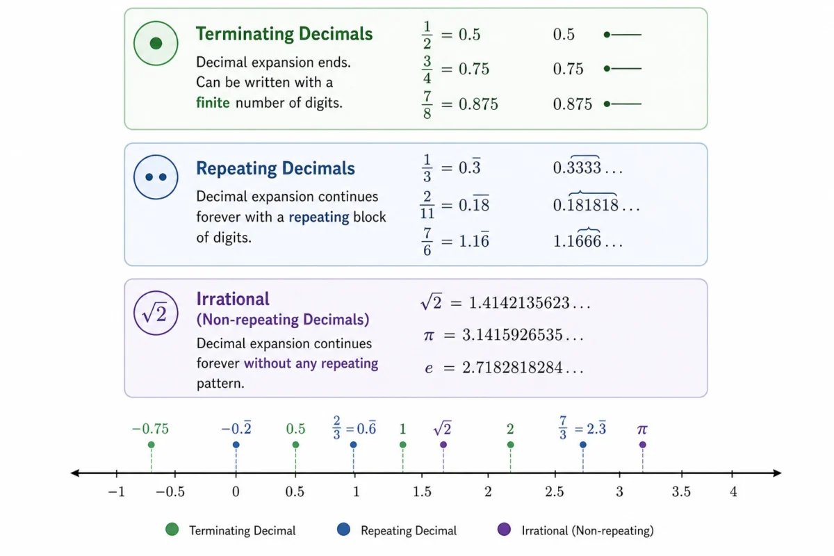 This educational visualization illustrates real numbers decimal expansion by clearly categorizing and defining terminating, repeating, and irrational non-repeating decimals, complete with symbolic examples and their placement on a number line.