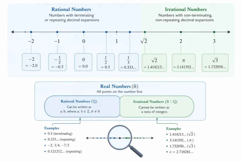 A comprehensive infographic illustrating real numbers decimal expansion, differentiating between rational numbers (terminating/repeating decimals like 0.5, 0.333...) and irrational numbers (non-terminating/non-repeating decimals like √2, π). The image features a number line with examples and a magnified section, all presented with clear academic typography and soft blue and green accents.