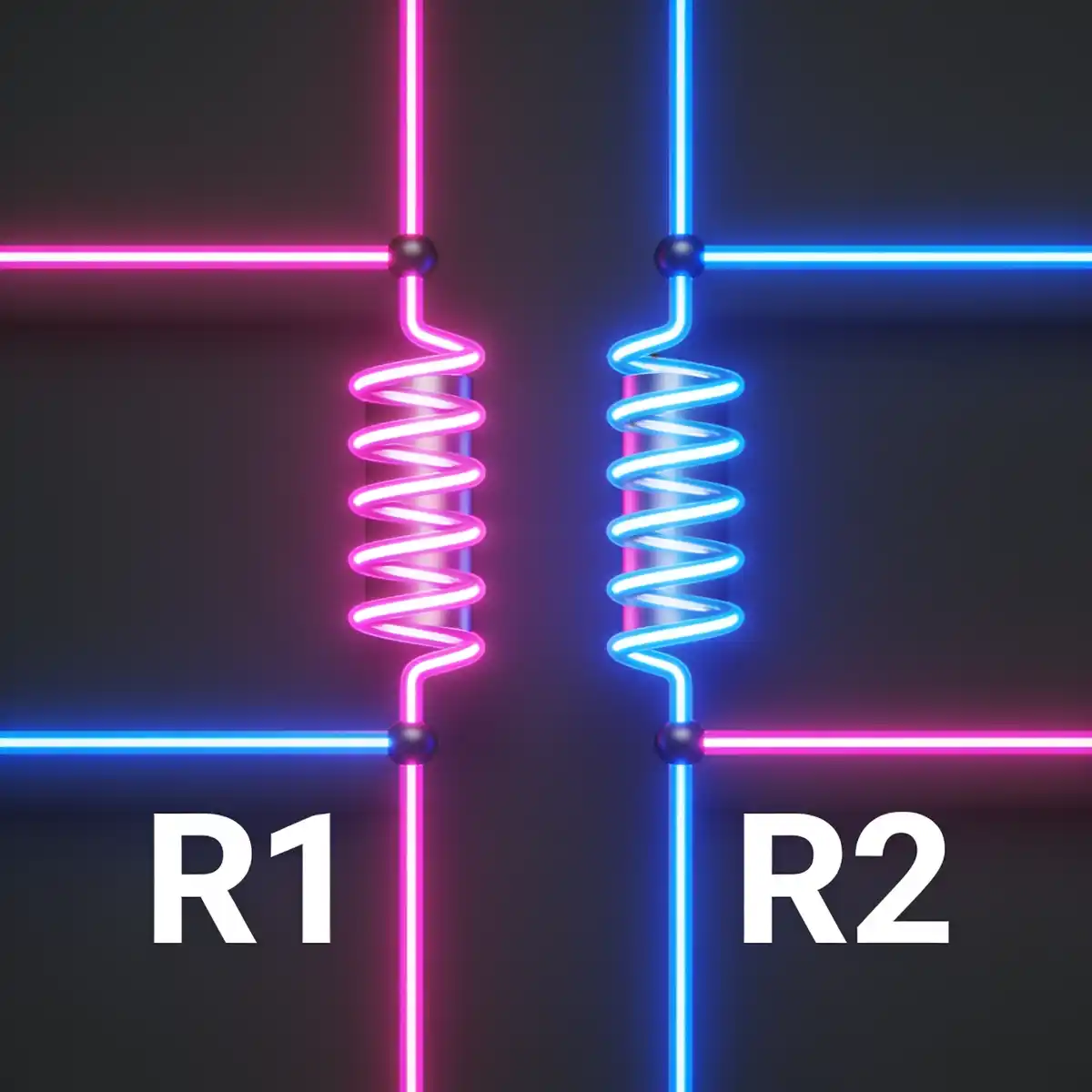 A 3D graphic of two glowing neon resistor coils on a dark background, labeled R1 in pink on the left and R2 in blue on the right, connected to intersecting circuit lines.