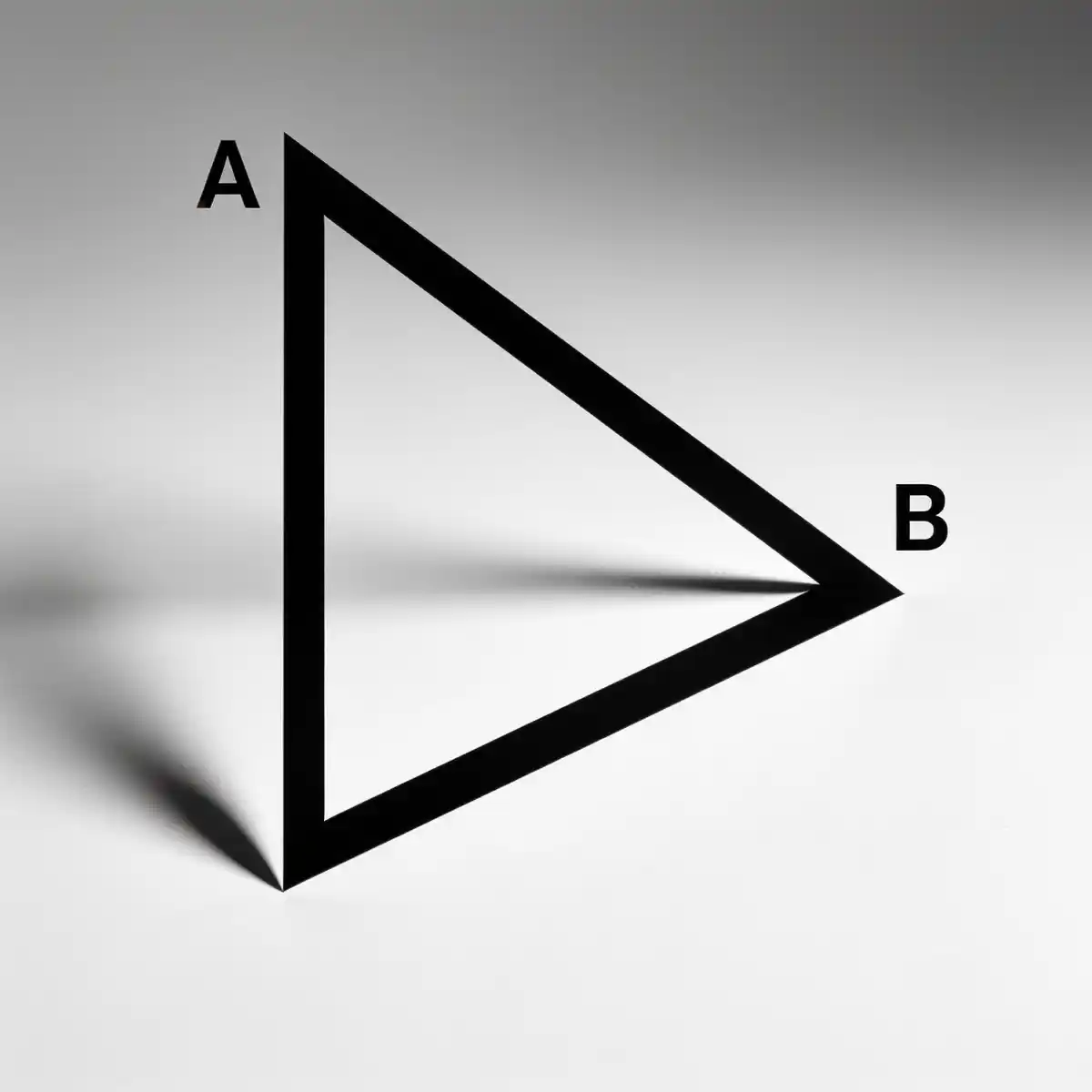 A minimalist graphic of a black hollow triangle casting realistic shadows on a gradient white surface, with its top-left vertex labeled 'A' and its rightmost vertex labeled 'B'.
