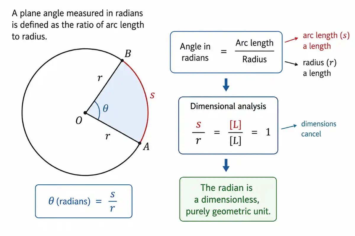 Diagram defining a radian as a dimensionless plane angle. A circular sector displays a radius r, arc length s, and angle theta, governed by the formula theta equals s over r. A flow chart shows the dimensional analysis where the length dimension L of the arc length is divided by the length dimension L of the radius, canceling out to 1 and demonstrating that the radian is a purely geometric, dimensionless unit.