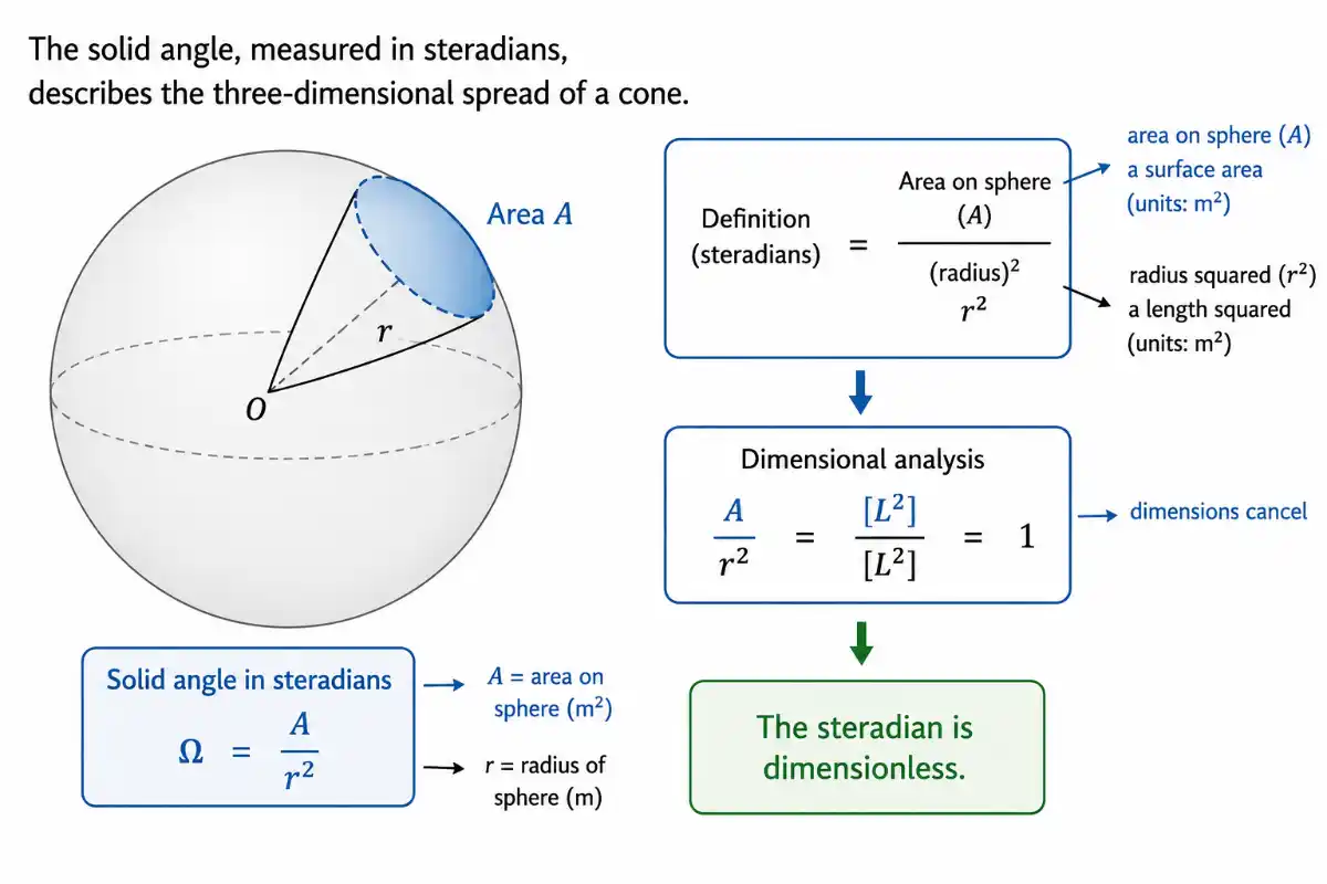 An illustration showing a sphere with a cone projecting an area A onto its surface at radius r. It defines the solid angle omega as A divided by r squared, and uses dimensional analysis to show that the units of area and radius squared cancel out, proving that the steradian is a dimensionless quantity.