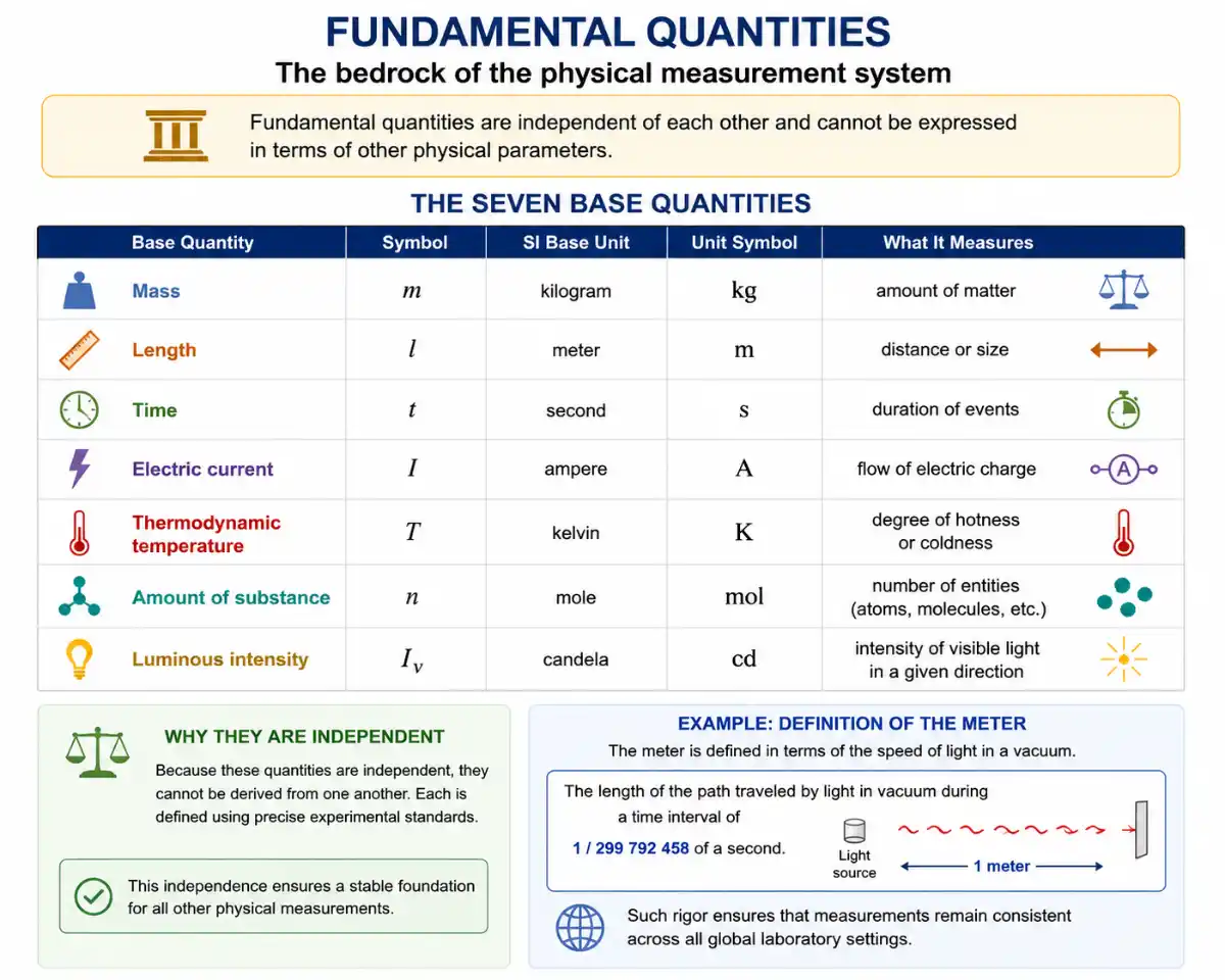 An informational chart detailing the seven fundamental physical base quantities: Mass (kilogram, kg), Length (meter, m), Time (second, s), Electric current (ampere, A), Thermodynamic temperature (kelvin, K), Amount of substance (mole, mol), and Luminous intensity (candela, cd). Each quantity lists its physical symbol, SI base unit, unit symbol, and what it measures. Supplementary sections explain why base quantities are independent and provide the modern definition of a meter as the distance light travels in a vacuum in 1/299,792,458 of a second.