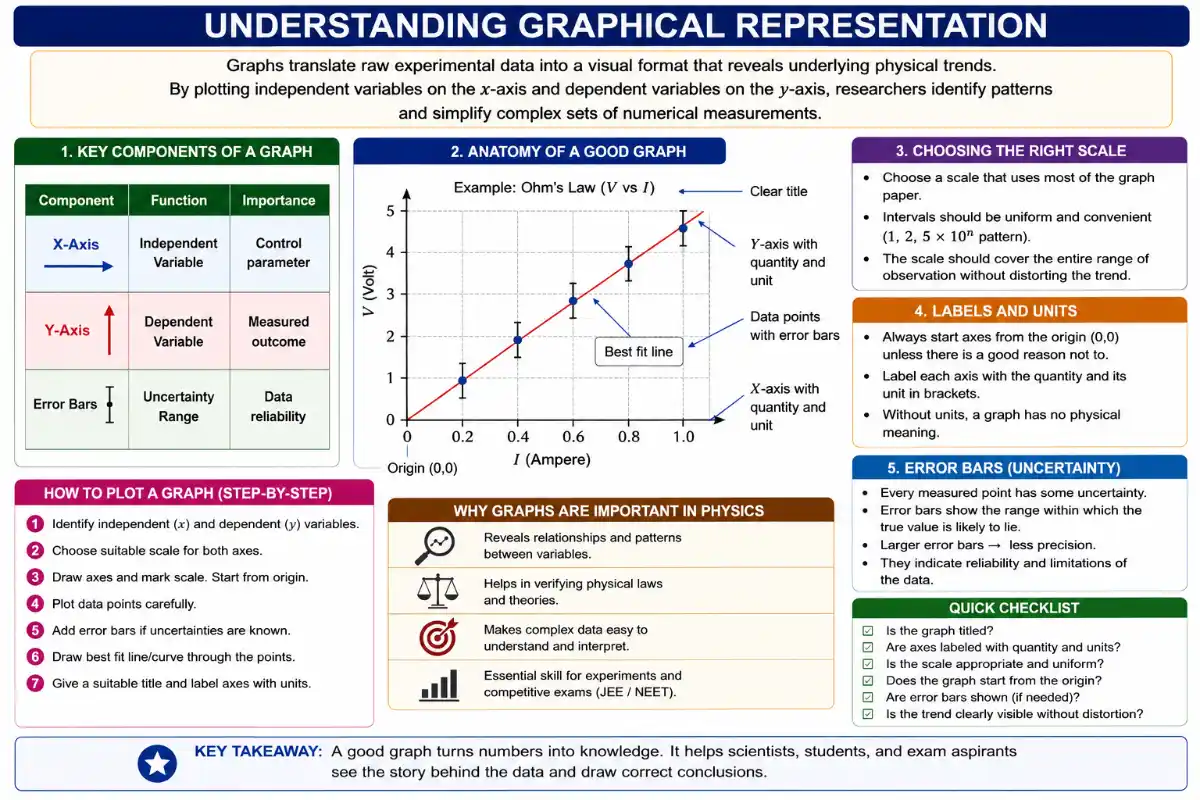 An infographic titled 'Understanding Graphical Representation' detailing the anatomy, importance, and best practices for creating scientific graphs, including step-by-step instructions and a checklist.