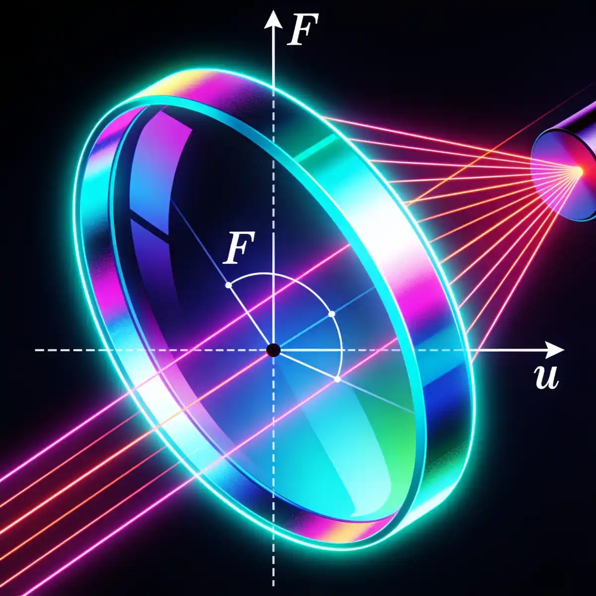 A glowing, neon-colored lens diagram on a black background featuring a coordinate system with axes labeled 'F' and 'u'. Light rays from a source at the top right are being refracted through the lens into parallel beams.