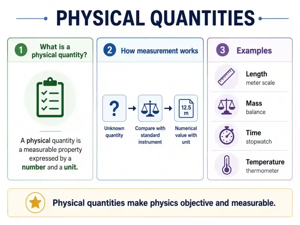 This infographic on Physics Measurement explains what a physical quantity is, how the process of measurement works, and provides examples such as length, mass, time, and temperature with their respective measuring instruments.